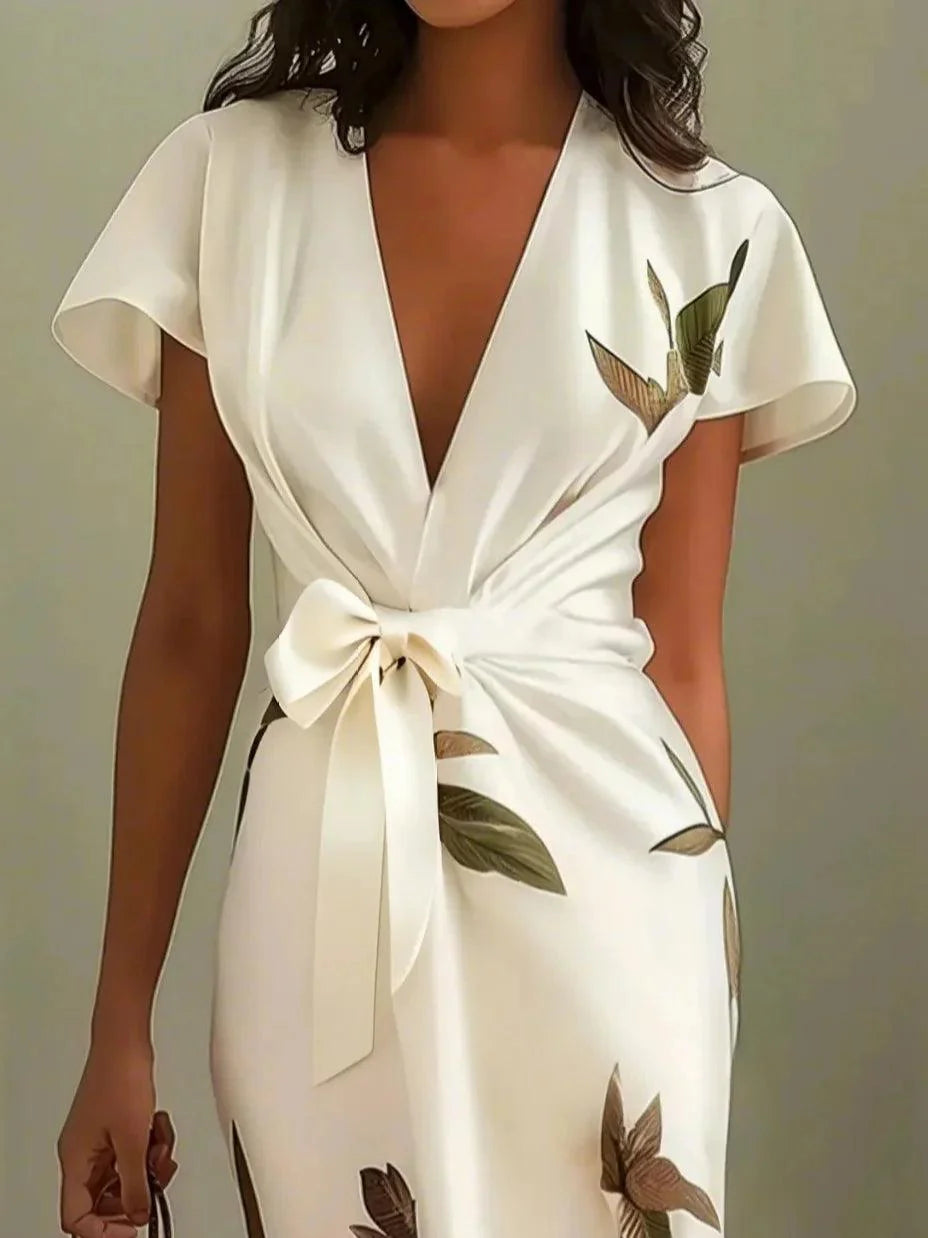 Sora™ | White Leaf Sleeve Satin Midi Dress