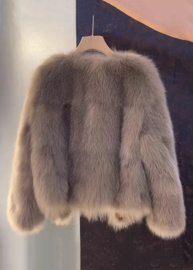 Luvia™ | Vogue Brown V Neck Leather And Fur Coats Fall