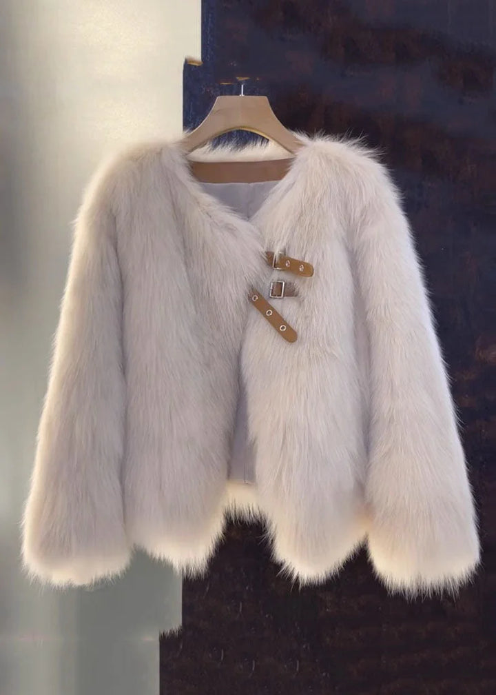 Luvia™ | Vogue Brown V Neck Leather And Fur Coats Fall