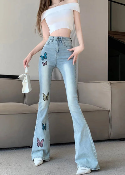 Nemi™ | Slim Fit Blue Embroidered Flared Trousers