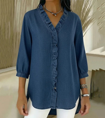 Adele™ | Fluid Denim Blouse with V-Neck and Ruffles