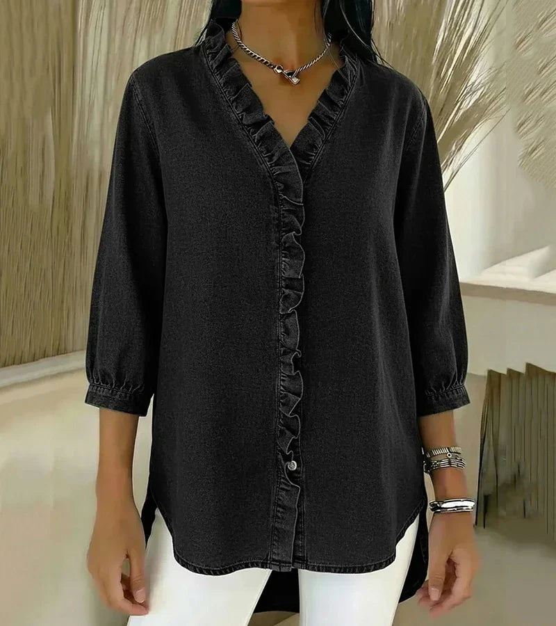 Adele™ | Fluid Denim Blouse with V-Neck and Ruffles