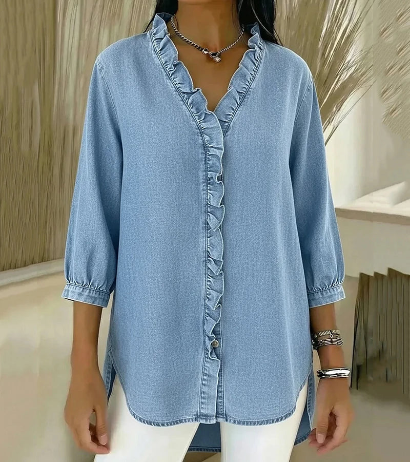 Adele™ | Fluid Denim Blouse with V-Neck and Ruffles