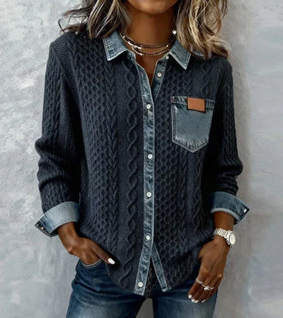 Marcela™ | Patchwork Knit Top with Denim Details