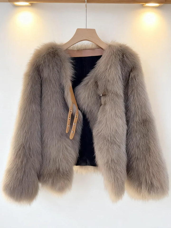 Luvia™ | Vogue Brown V Neck Leather And Fur Coats Fall